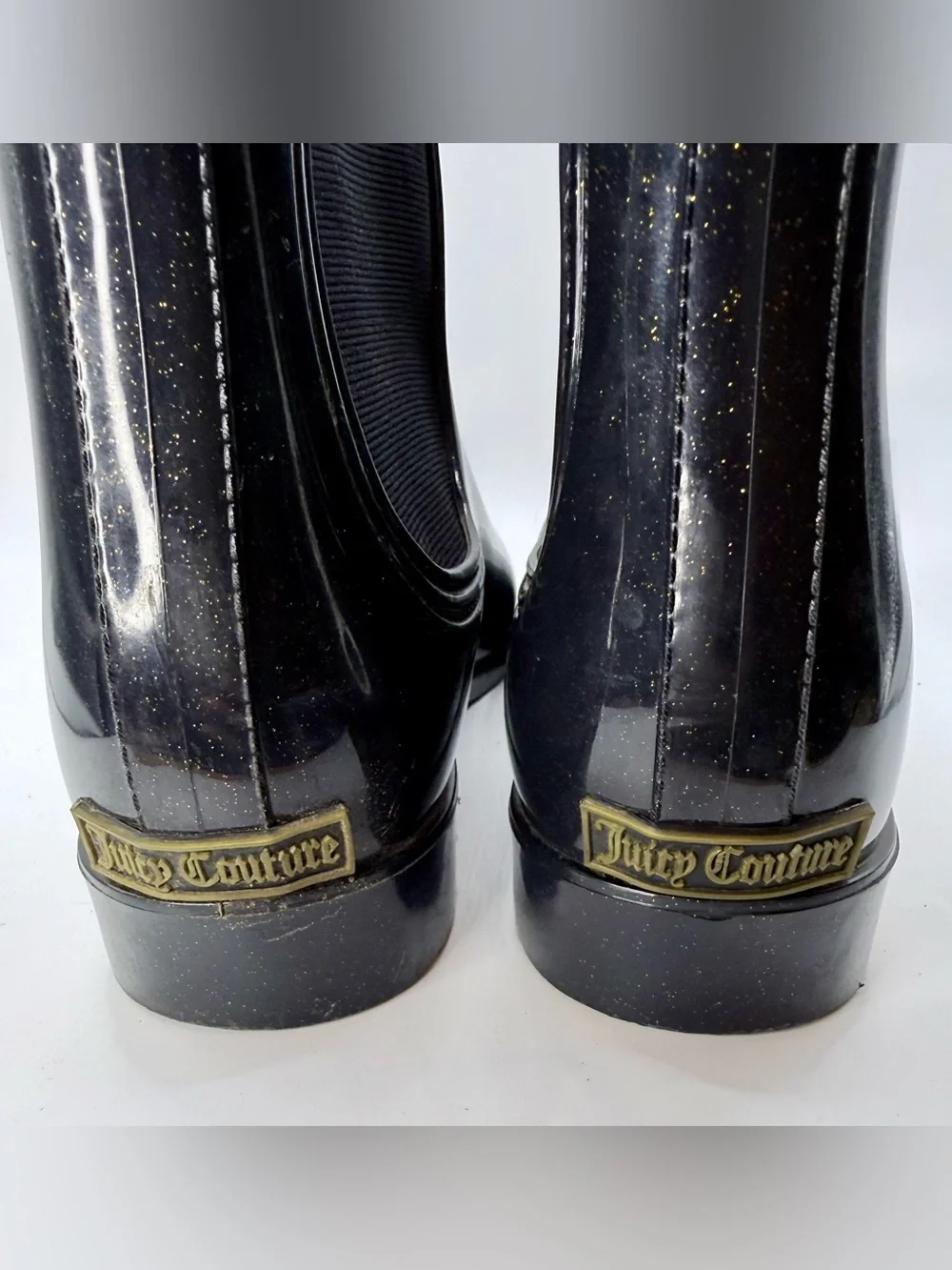 Juicy Couture Rori Rain Boots Ankle Black Gold Sparkle Size 10 Waterproof EUC